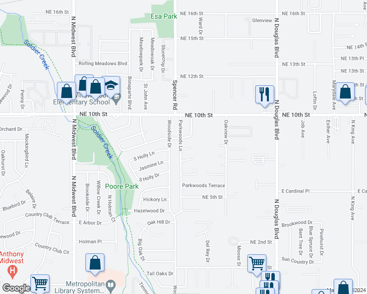 map of restaurants, bars, coffee shops, grocery stores, and more near 1301 Pinewood Court in Midwest City