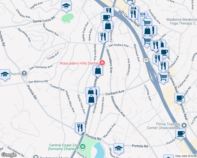 map of restaurants, bars, coffee shops, grocery stores, and more near 7605 California 41 in Atascadero