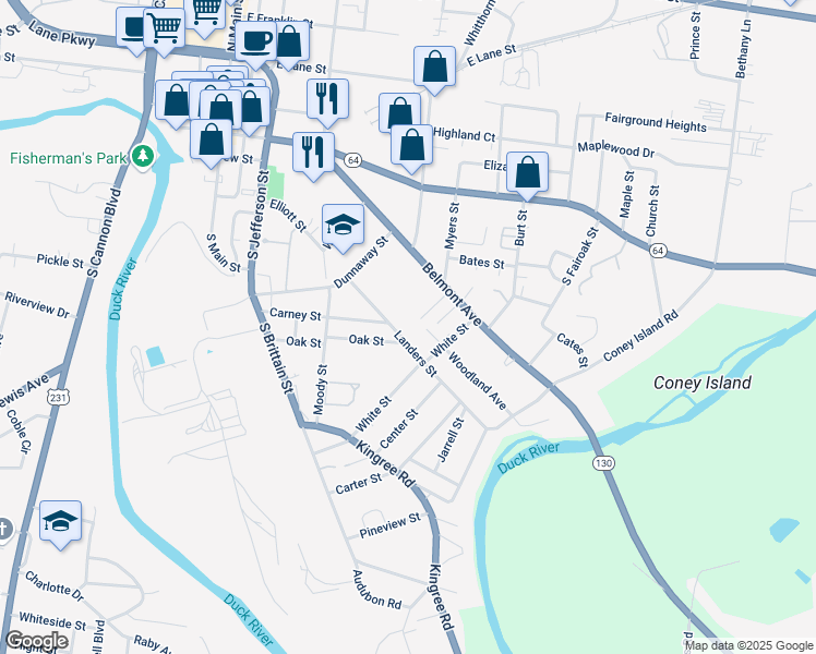 map of restaurants, bars, coffee shops, grocery stores, and more near 633 Landers Street in Shelbyville