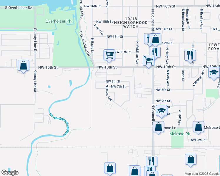 map of restaurants, bars, coffee shops, grocery stores, and more near 8221 Northwest 7th Street in Oklahoma City
