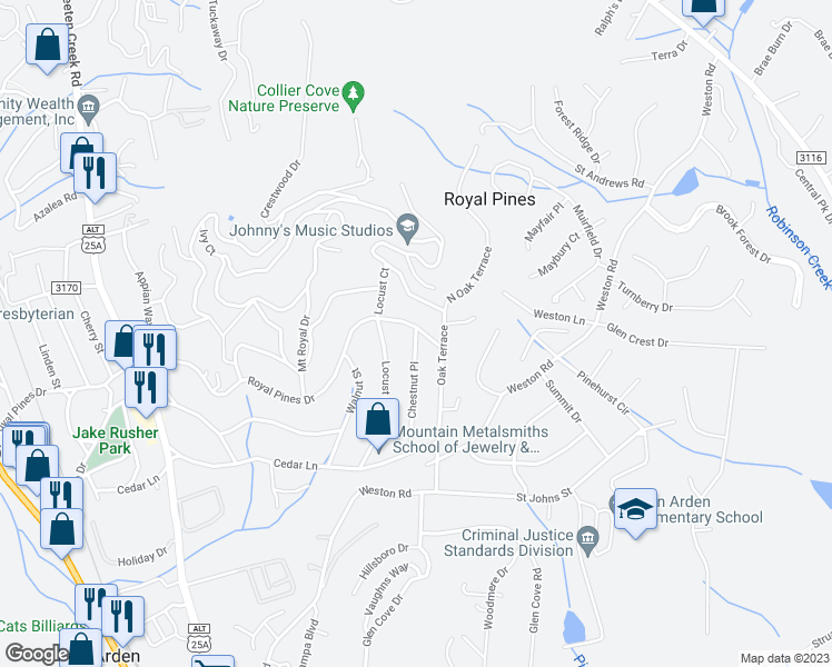 map of restaurants, bars, coffee shops, grocery stores, and more near 100 Chestnut Place in Arden