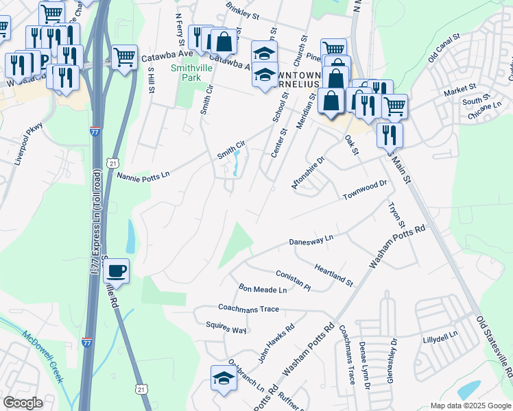 map of restaurants, bars, coffee shops, grocery stores, and more near 19317 Meridian Street in Cornelius