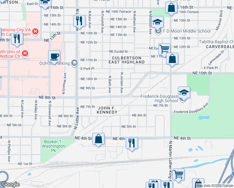 map of restaurants, bars, coffee shops, grocery stores, and more near 1533 Northeast 8th Street in Oklahoma City