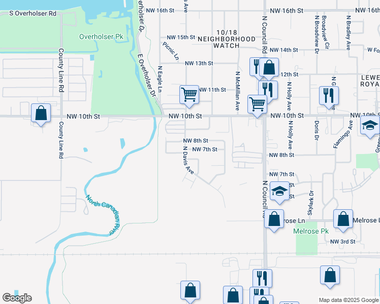map of restaurants, bars, coffee shops, grocery stores, and more near 8221 Northwest 7th Street in Oklahoma City