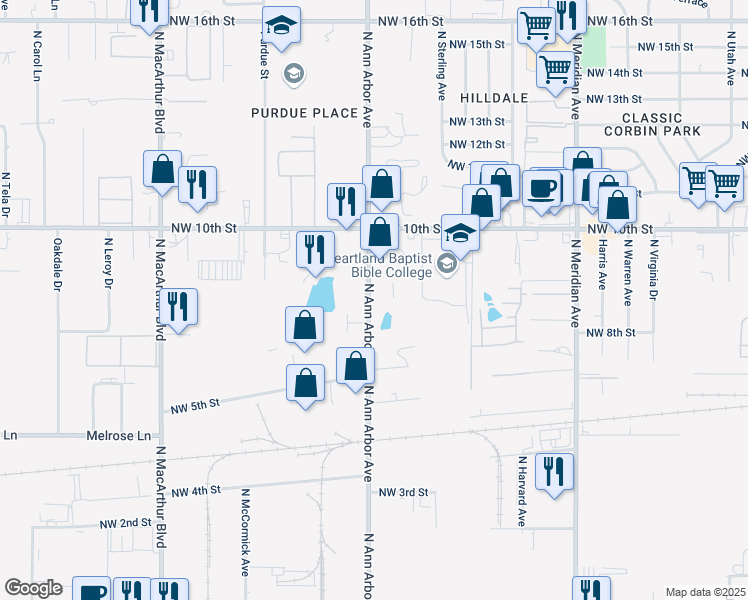 map of restaurants, bars, coffee shops, grocery stores, and more near 905 North Andrews Drive in Oklahoma City