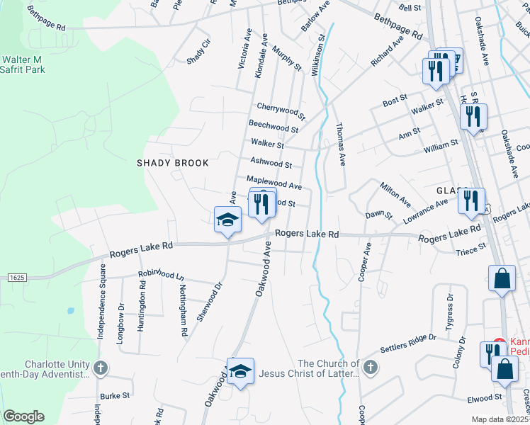 map of restaurants, bars, coffee shops, grocery stores, and more near 1214 Oakwood Avenue in Kannapolis