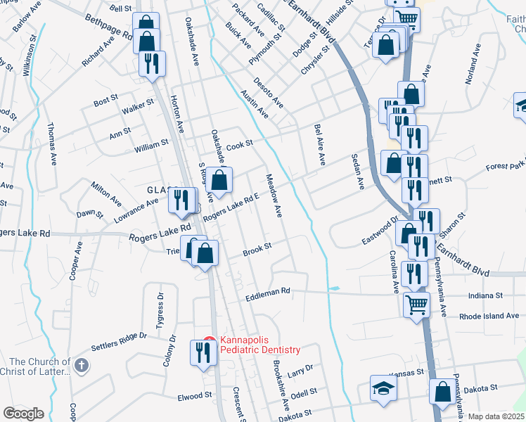 map of restaurants, bars, coffee shops, grocery stores, and more near 1383 Browdis Avenue in Kannapolis