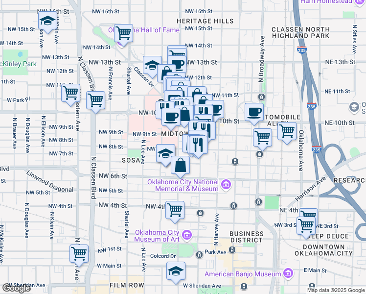 map of restaurants, bars, coffee shops, grocery stores, and more near 427 Northwest 8th Street in Oklahoma City