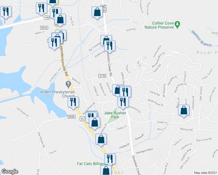 map of restaurants, bars, coffee shops, grocery stores, and more near 51 Cherry Street in Arden