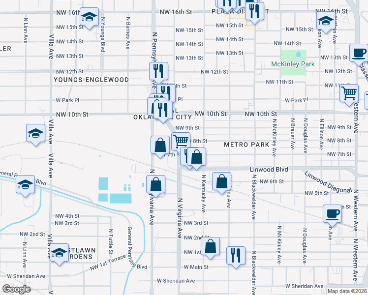 map of restaurants, bars, coffee shops, grocery stores, and more near 802 North Virginia Avenue in Oklahoma City