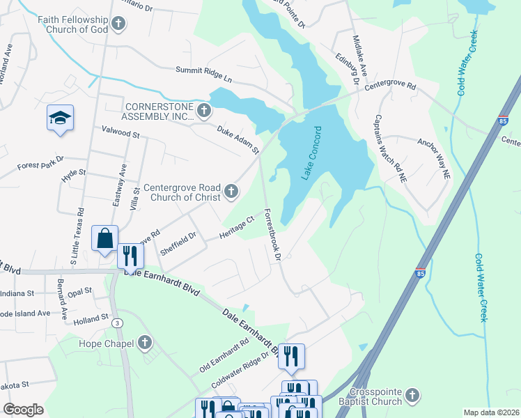 map of restaurants, bars, coffee shops, grocery stores, and more near 2404 Forrestbrook Drive in Kannapolis