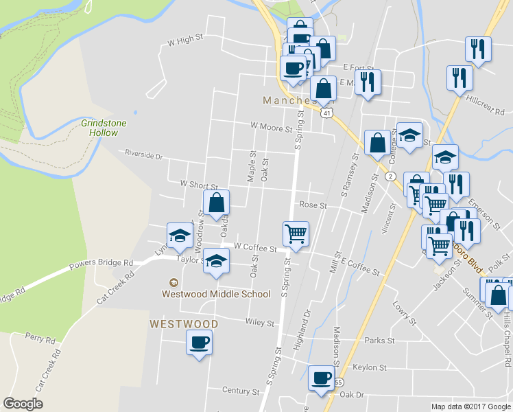 map of restaurants, bars, coffee shops, grocery stores, and more near 604 Oak Street in Manchester
