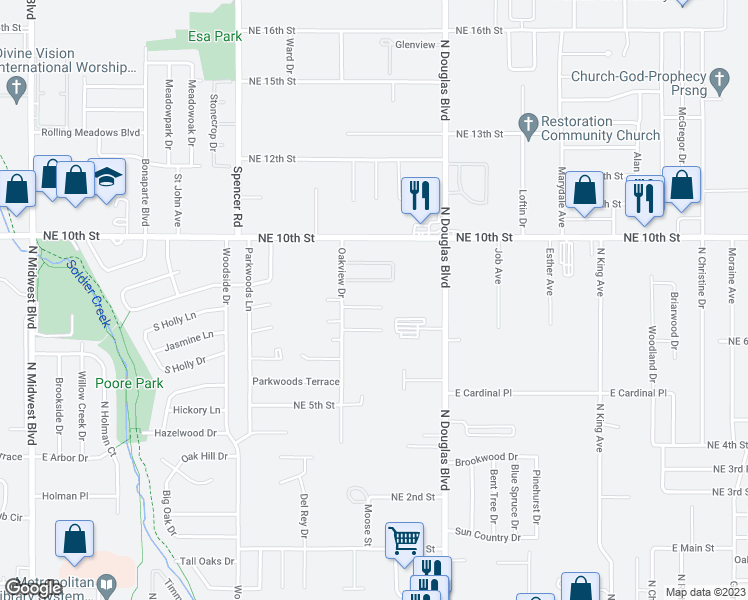map of restaurants, bars, coffee shops, grocery stores, and more near 8825 Oakridge Drive in Midwest City