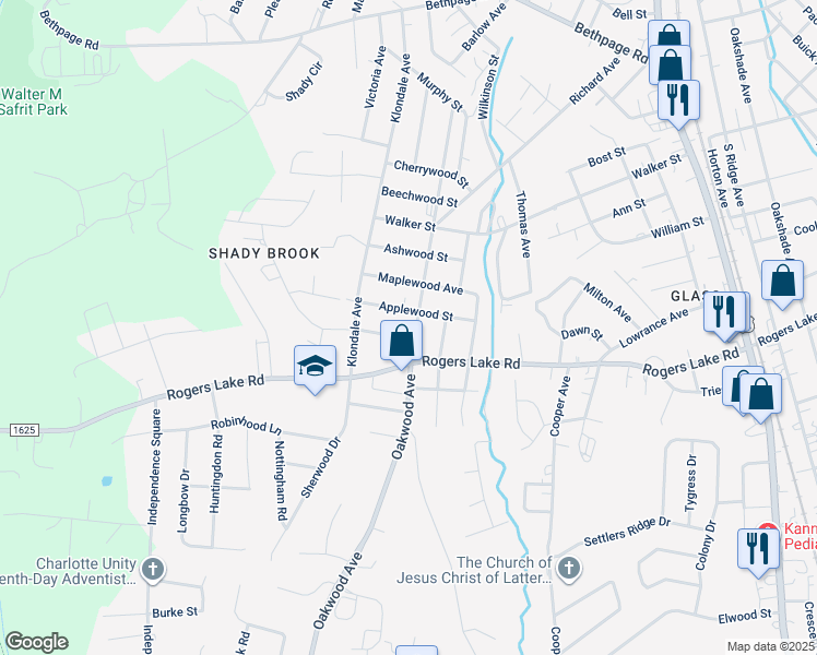 map of restaurants, bars, coffee shops, grocery stores, and more near 1214 Oakwood Avenue in Kannapolis