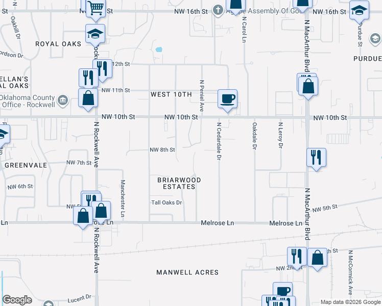 map of restaurants, bars, coffee shops, grocery stores, and more near 829 North Peniel Avenue in Oklahoma City