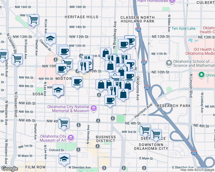 map of restaurants, bars, coffee shops, grocery stores, and more near 111 Northwest 8th Street in Oklahoma City