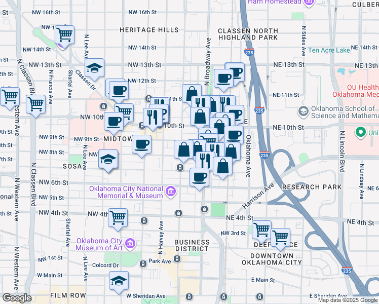 map of restaurants, bars, coffee shops, grocery stores, and more near 111 Northwest 8th Street in Oklahoma City