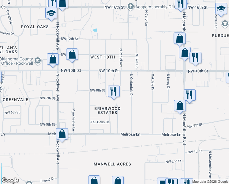 map of restaurants, bars, coffee shops, grocery stores, and more near 829 North Peniel Avenue in Oklahoma City