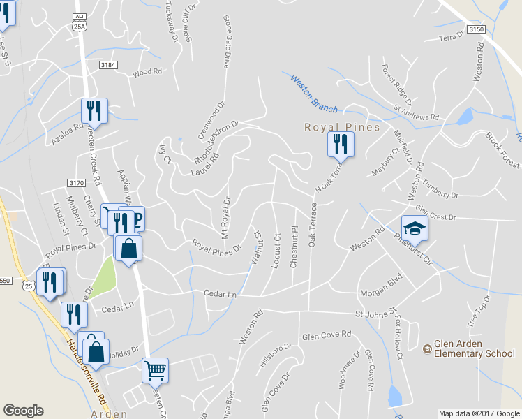 map of restaurants, bars, coffee shops, grocery stores, and more near 430 Royal Pines Drive in Arden