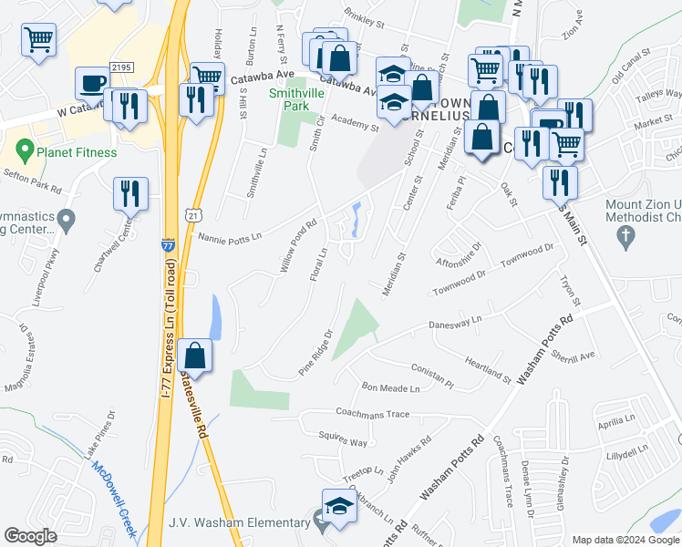 map of restaurants, bars, coffee shops, grocery stores, and more near 21243 Pine Ridge Drive in Cornelius