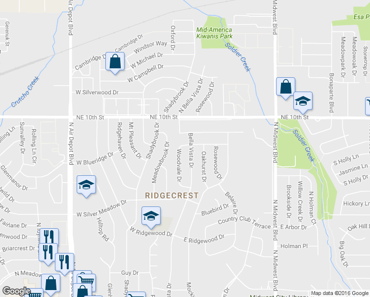 map of restaurants, bars, coffee shops, grocery stores, and more near 3606 Woodvale Drive in Midwest City