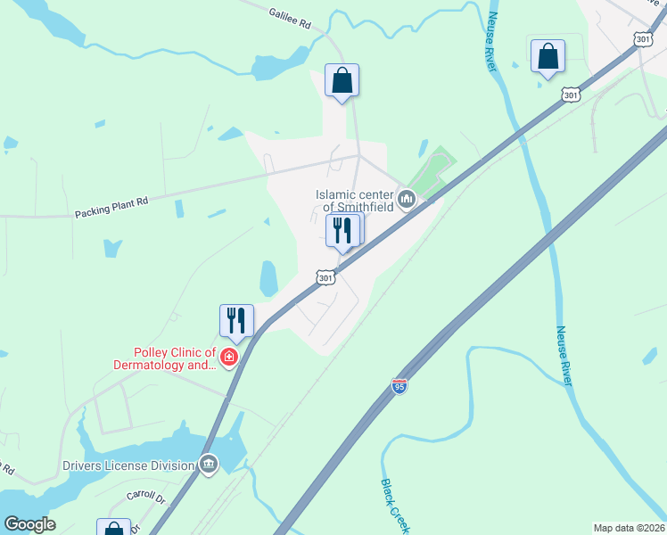 map of restaurants, bars, coffee shops, grocery stores, and more near 3198 State Highway 76 in Smithfield