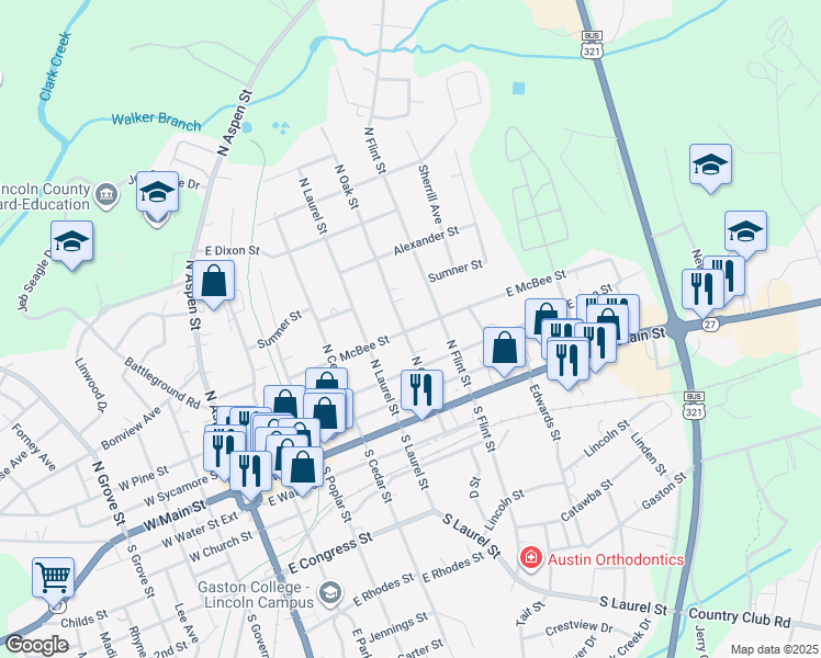 map of restaurants, bars, coffee shops, grocery stores, and more near 404 North Oak Street in Lincolnton