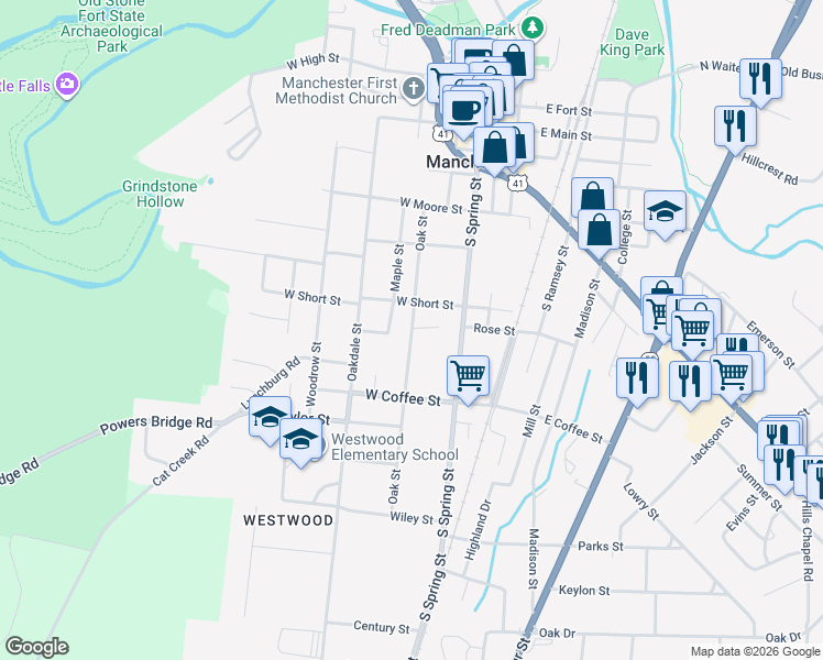 map of restaurants, bars, coffee shops, grocery stores, and more near 604 Oak Street in Manchester