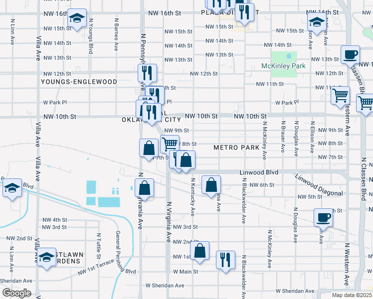 map of restaurants, bars, coffee shops, grocery stores, and more near 815 North Kentucky Avenue in Oklahoma City