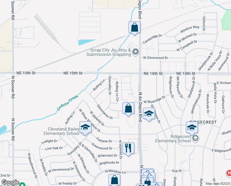 map of restaurants, bars, coffee shops, grocery stores, and more near 3649 Rolling Lane Circle in Midwest City