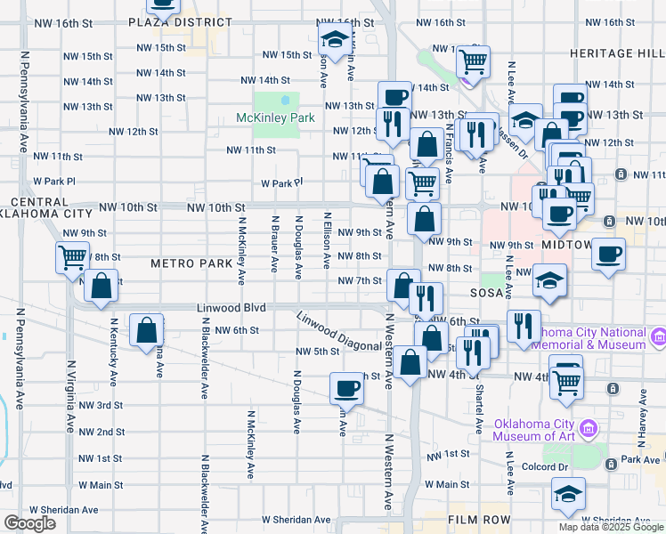 map of restaurants, bars, coffee shops, grocery stores, and more near 820 North Ellison Avenue in Oklahoma City