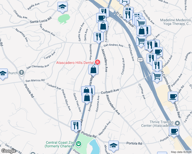 map of restaurants, bars, coffee shops, grocery stores, and more near 7605 California 41 in Atascadero