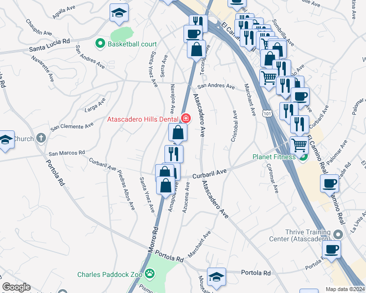 map of restaurants, bars, coffee shops, grocery stores, and more near 7605 Morro Road in Atascadero