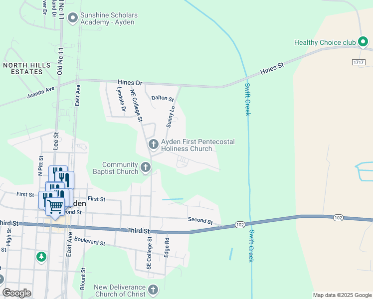 map of restaurants, bars, coffee shops, grocery stores, and more near 644 Hill Road Circle in Ayden