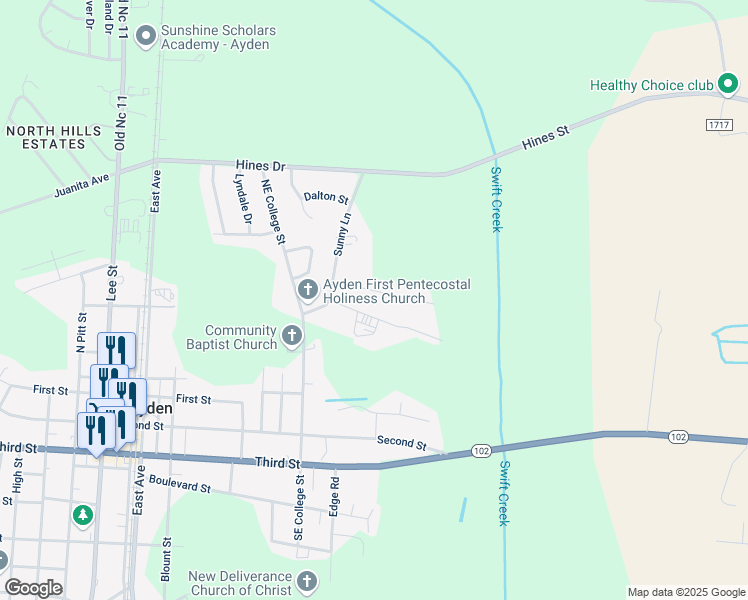 map of restaurants, bars, coffee shops, grocery stores, and more near 644 Hill Rd Cir in Ayden