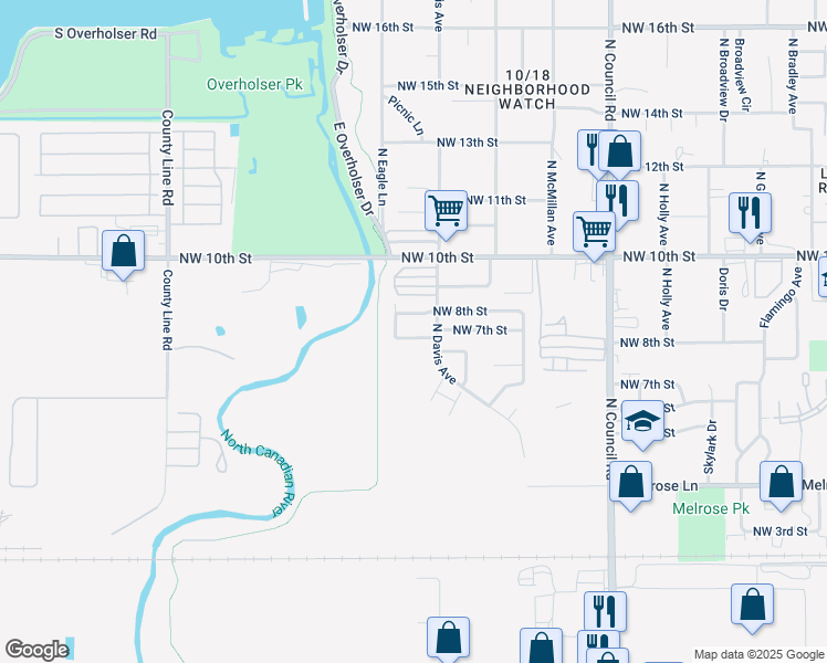 map of restaurants, bars, coffee shops, grocery stores, and more near 8309 Northwest 7th Street in Oklahoma City