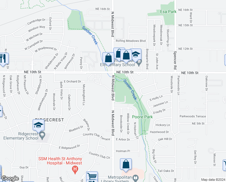 map of restaurants, bars, coffee shops, grocery stores, and more near 947 North Midwest Boulevard in Midwest City