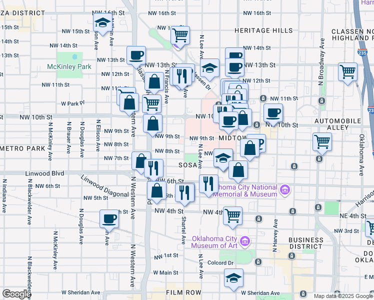 map of restaurants, bars, coffee shops, grocery stores, and more near 731 Northwest 8th Street in Oklahoma City