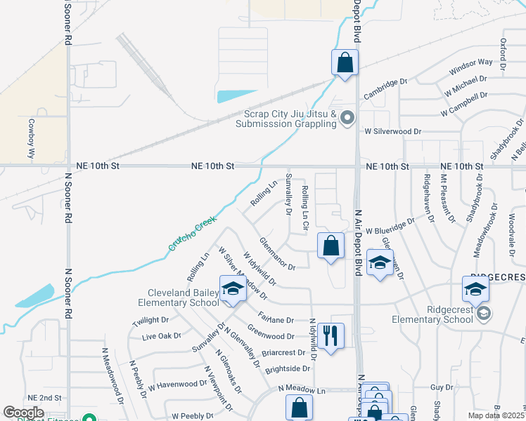 map of restaurants, bars, coffee shops, grocery stores, and more near 3613 Gardenview Drive in Midwest City