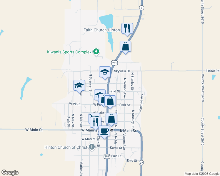 map of restaurants, bars, coffee shops, grocery stores, and more near 609 North Broadway Avenue in Hinton