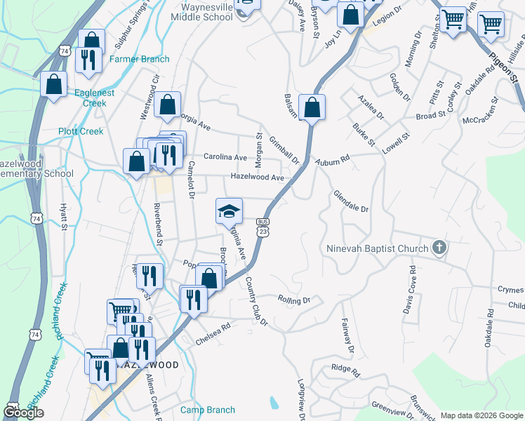 map of restaurants, bars, coffee shops, grocery stores, and more near 1102 South Main Street in Waynesville