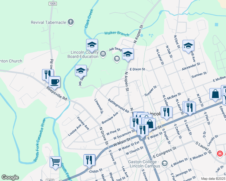 map of restaurants, bars, coffee shops, grocery stores, and more near 207 Westview Drive in Lincolnton
