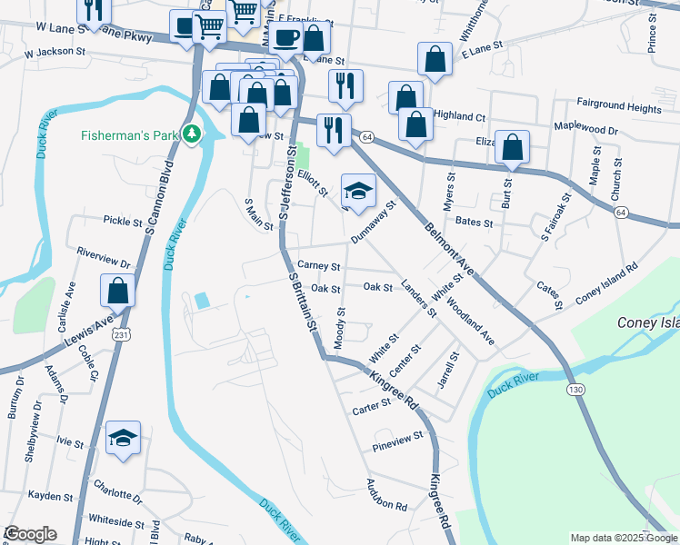 map of restaurants, bars, coffee shops, grocery stores, and more near 501 Carney Street in Shelbyville