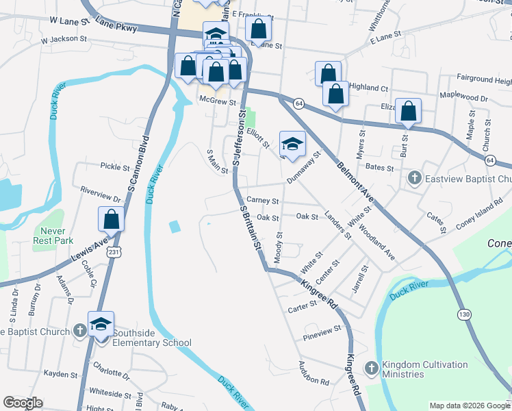 map of restaurants, bars, coffee shops, grocery stores, and more near 400 Carney Street in Shelbyville