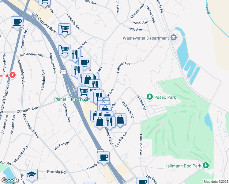 map of restaurants, bars, coffee shops, grocery stores, and more near 8894 Palomar Avenue in Atascadero