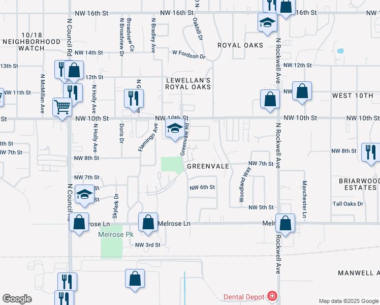 map of restaurants, bars, coffee shops, grocery stores, and more near 918 Greenvale Road in Oklahoma City