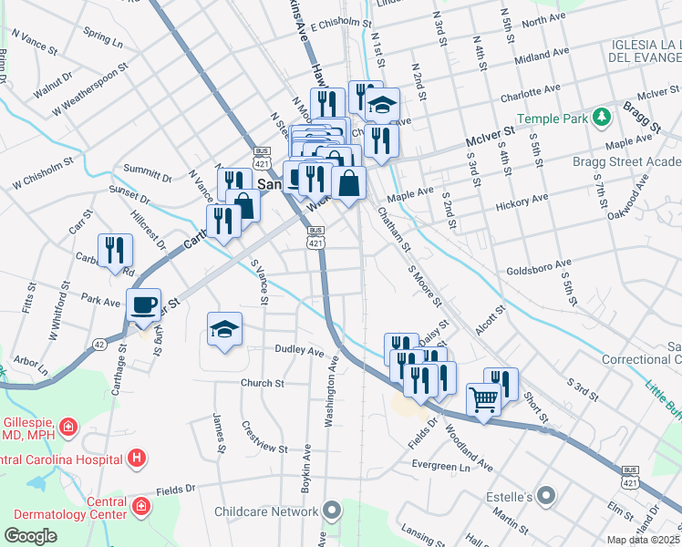 map of restaurants, bars, coffee shops, grocery stores, and more near 710 Wall Street in Sanford