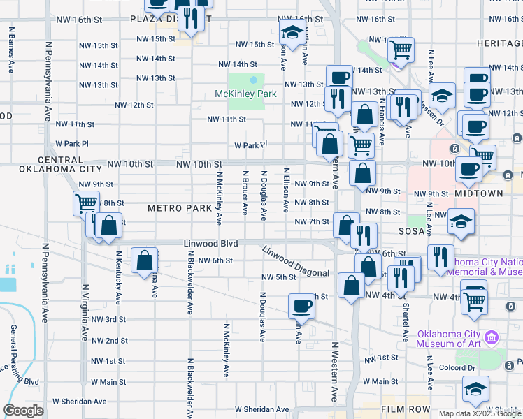 map of restaurants, bars, coffee shops, grocery stores, and more near 815 North Douglas Avenue in Oklahoma City