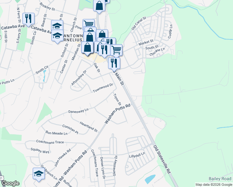 map of restaurants, bars, coffee shops, grocery stores, and more near 19624 Tryon Street in Cornelius