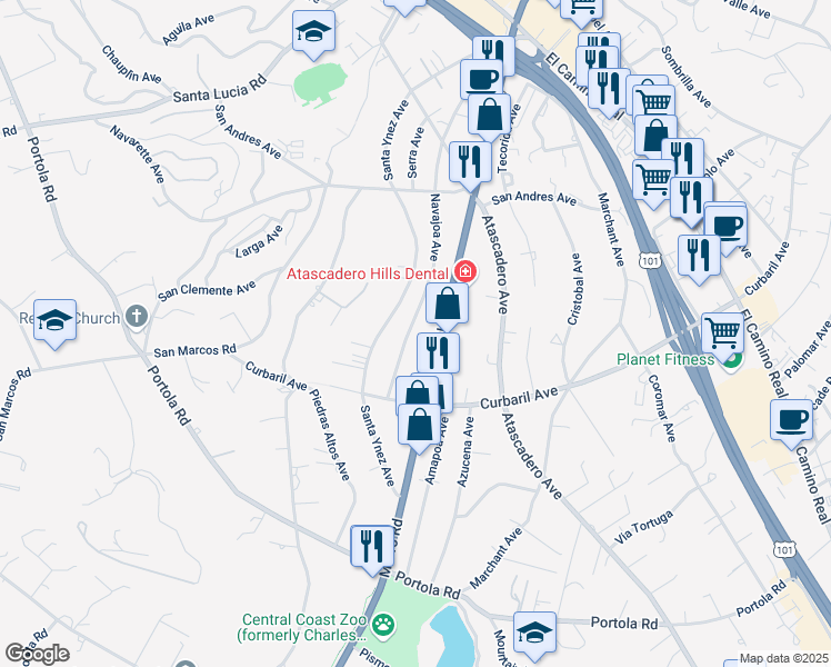 map of restaurants, bars, coffee shops, grocery stores, and more near 7690 Navajoa Avenue in Atascadero